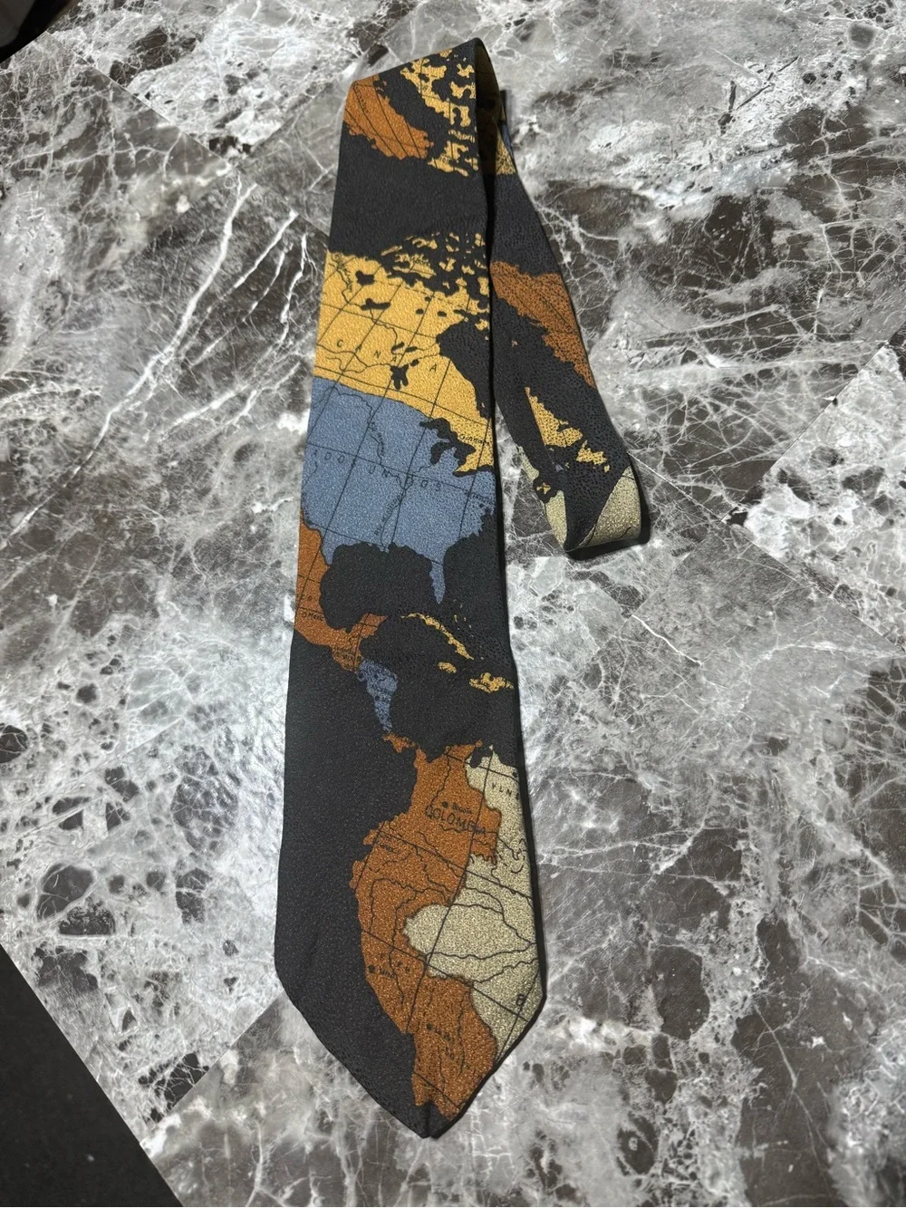 Geography Map-Print Silk Tie in Black, Blue, Gold and Brown